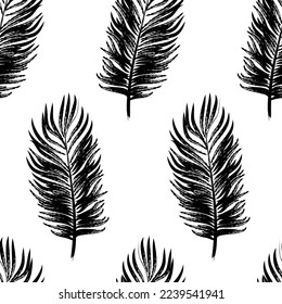 Seamless pattern with simple silhouettes of palm leaves. Hand drawn black brush painted plants. Botany seamless background. Vector illustration
