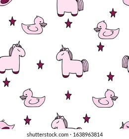 Seamless pattern with simple silhouettes of a unicorn, duck, bird, star on a white background. Vector illustration for babies. Bright pink and cute pattern for children's decor, textiles.