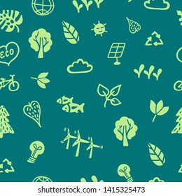 Seamless pattern with simple sketch illustrations in doodle style (recycle, solar panels, bicycle, plats) on green background.