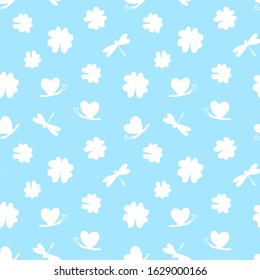 Seamless pattern with  simple small elements. White silhouettes of flowers, butterfly, dragonfly on blue background.  