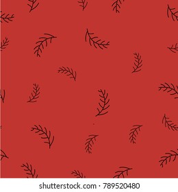 Seamless pattern with simple spruce branches and twigs on red background. Vector Illustration