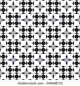Seamless pattern with simple stars and checkered print in black and grey colors on the white background. Vector.