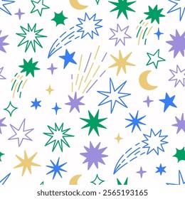 Seamless pattern of simple stars and comets on a white background. Vector graphics.