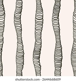 Seamless pattern with simple striped pattern in doodle style. Abstract graphic print tile with minimalist hand drawn pattern. Black and white vector illustration.