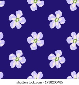 Seamless pattern in simple style with light daisy flowers print. Bright navy blue background. Decorative backdrop for fabric design, textile print, wrapping, cover. Vector illustration.