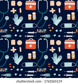 Patrón sin inconvenientes con herramientas médicas de estilo sencillo ilustración vectorial plana en fondo oscuro