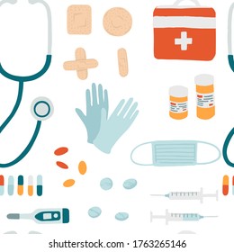 Seamless pattern with simple style medical tools flat vector illustration on white background