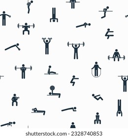 Seamless pattern of simple symbols workout, athletic, gym, fitness, calisthenics training exercises. Continuous print of people making sports in gymnasium. Isolated flat vector illustration