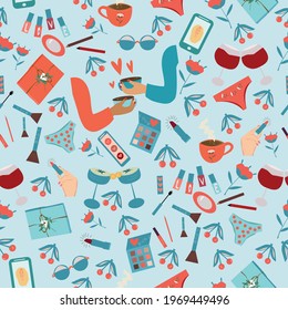 Seamless pattern . Simple things that a woman loves. Vector illustration of various little things that a woman uses for herself and her pastime. 