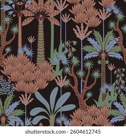 Seamless pattern with simple trees and plants. Tropical jungle vector