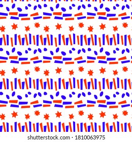 Seamless pattern of simple vector bright elements stars points rounds stripes lines and rectangles. Abstract background and texture for greeting cards, cover, wrapping paper, birthday, fabric, textile