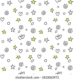 Seamless pattern of simple vector outline bright elements stars hearts points circles rounds rings spirals helixes on white background. For greeting cards, wrapping paper, birthday, fabric, textile