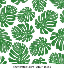 Seamless pattern with simple watercolor style monstera leaves on a white background abstract tropical foliage for gift wrapping, postcards, textile, fabric, templates. Vector illustration