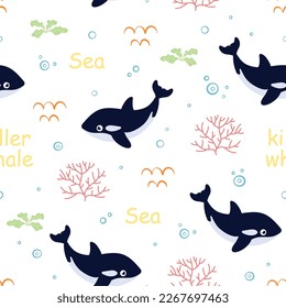 seamless pattern of simple whale orcas on white background, vector illustration with cute killer whale, flat design