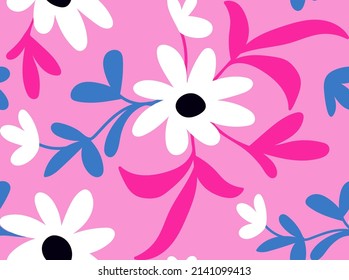 Patrón sin foco con flores blancas simples y hojas rosas y azules sobre un fondo rosa claro. Ilustración de vector plano dibujada a mano.