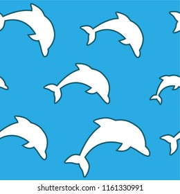 Seamless pattern - simple white jumping dolphins on aqua blue background.
