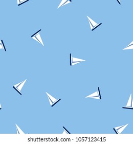 Seamless pattern with simple white yachts isolated on blue background. Illustration of racing ship silhouette, vector eps 10
