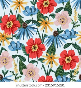 Seamless pattern with simple wild flowers. Vector