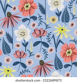 Seamless pattern with simple wild flowers. Vector