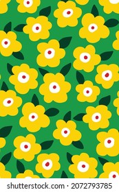 Seamless pattern with simple yellow flowers on a green field. Bright summer floral pattern with small flower heads and leaves. Cute floral background in vector.