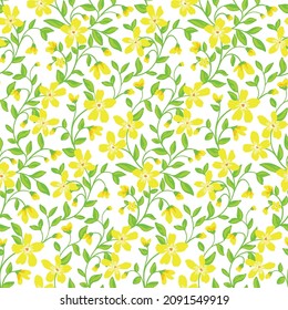 Seamless pattern with simple yellow flowers and long-stemmed leaves. Cute spring floral print with painted small flowers and leaves on a white background. Romantic floral pattern in vector.