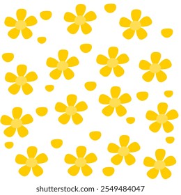 Seamless pattern of simple yellow flowers scattered randomly.