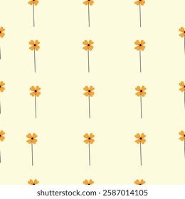 Seamless pattern with simple yellow flowers on tall black stems against a light beige background. Minimalistic floral design, suitable for textiles and home decor