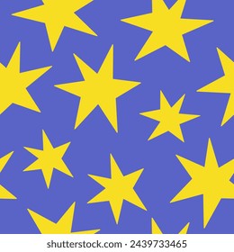 Seamless pattern with simple yellow groovy stars on a blue background. Colorful kids print, printable childish texture for wallpaper, fabric, textile, wrapping paper. Vector illustration