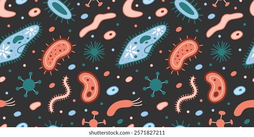 Seamless pattern with simplest unicellular organisms, bacteria and viruses, microorganisms under a microscope. Trendy modern vector illustration on black background, hand drawn, flat design