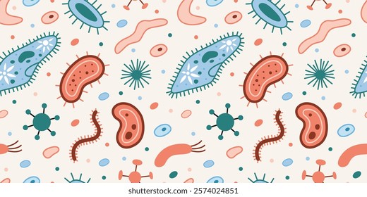 Seamless pattern with simplest unicellular organisms, bacteria and viruses, microorganisms under a microscope. Trendy modern vector illustration on light background, hand drawn, flat design