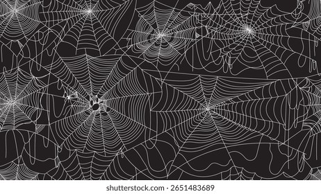 Padrão perfeito simplesmente textura moderna com teias de aranha de cruzamento desenhadas à mão. Padrão de teia de aranha vetor contínuo padrão tendência preto branco design. Vetor hipnótico com teias de aranha, tema de Halloween.