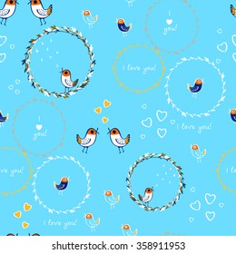 Seamless pattern with singing birds, hearts, wreathes, i love you, text, notes.