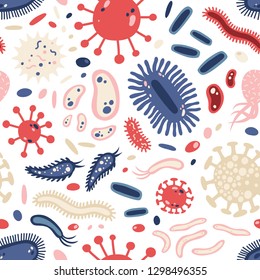 Seamless pattern with single cell microorganisms or microbiome on white background. Backdrop with germs, protists, microbes, protozoa, pathogens, bacteria, viruses. Flat cartoon vector illustration.