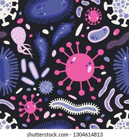 Seamless pattern with single cell microorganisms or microscopic organisms on black background. Backdrop with harmful germs, prions, pathogens, bacteria, viruses. Flat cartoon vector illustration.