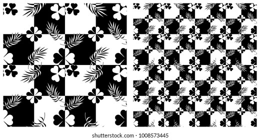 Seamless pattern in single layer of clover leaves intersected with chess board.