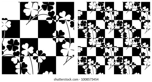 Seamless pattern in single layer of clover leaves intersected with chess board.