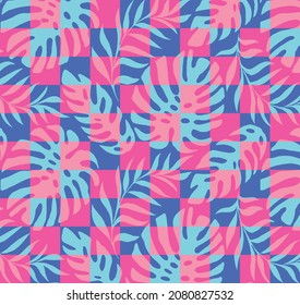 Seamless pattern in single layer of palm leaves intersected with chess board.