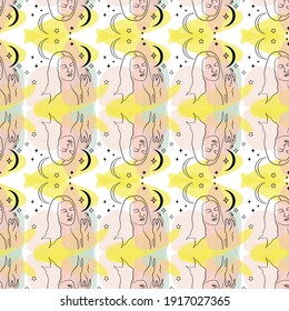 Seamless pattern with single line drawing of woman portrait with moon and stars with abstract geometric neutral shapes. White background. Stock vector illustration.