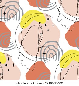 Seamless pattern with single line drawing of woman portrait with moon and stars with abstract geometric neutral shapes. White background. Stock vector illustration.
