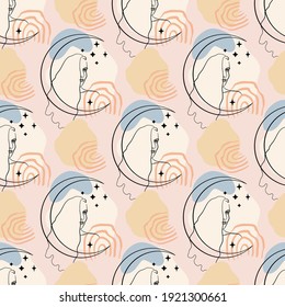 Seamless pattern with single line drawing of woman portrait with moon and stars with abstract geometric neutral shapes. Pink background. Stock vector illustration.