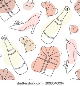 Seamless pattern with single line drawing of romantic symbols. Hearts, gift box, wedding shoe. Pastel color spots on background. Decoration for Wedding and Valentines day. Vector