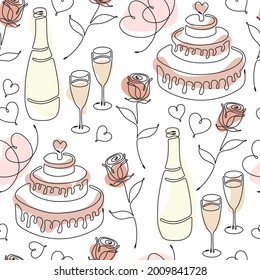 Seamless pattern with single line drawing of romantic symbols. Cake, rose, hearts, wine glasses, champagne bottle. Pastel color spots on background. Decoration for Wedding and Valentines day. Vector