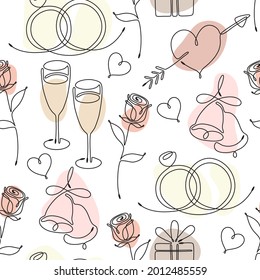 Seamless pattern with single line drawing of romantic symbols. Rose, hearts, bells, wedding rings, wine glasses, gift box Pastel color shapes on background Decor for Wedding and Valentines day Vector