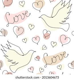 Seamless pattern with single line drawing of romantic symbols. Dove, hearts, word Love. Pastel color spots on background. Decoration for Wedding and Valentines day. Vector