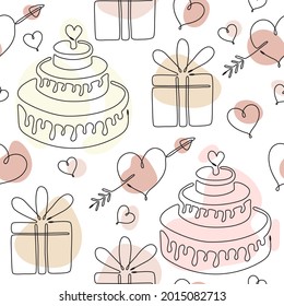 Seamless pattern with single line drawing of romantic symbols. Cake, hearts, gift box, love heart with arrow. Pastel color shapes on background. Decoration for Wedding and Valentines day. Vector