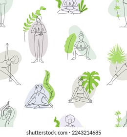 Patrón sin brillo con dibujos de una sola línea de una chica sentada y parada en una pose de yoga. Dibujos de dibujos animados relajantes
