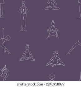 Seamless pattern with single line drawings of a girl sitting and standing in a yoga pose. Doodle illustrations of relaxing workout wallpaper