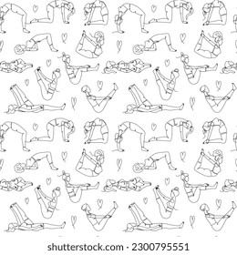Seamless pattern with single line drawings of yoga poses. Linear hand drawn asana doodles wallpaper on white background