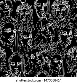 Seamless pattern with single line portrait . Modern minimalistic line art. Vector.