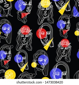 Seamless pattern with single line portrait . Modern minimalistic line art. Vector.